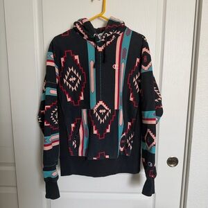 Champion Hooded Pullover with Geometric Print - Black, Teal & Pink